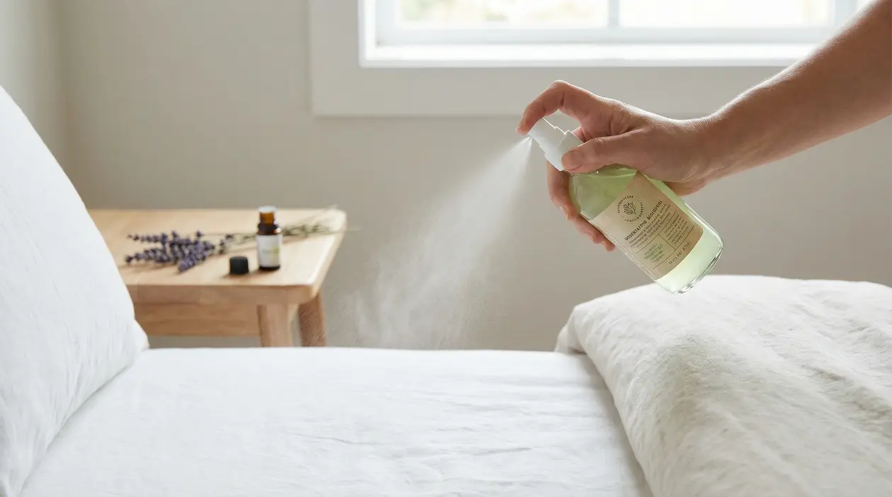Mano che spruzza uno spray naturale sul letto, vicino a un flacone di olio essenziale sul comodino